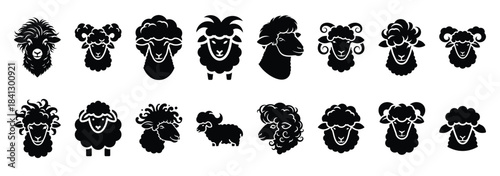 Set of vector silly sheep hair  icon in silhouettes