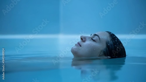 Woman floating on water with closed eyes. Spa relaxation and wellbeing. Water drops on face. Calmness and meditation concept.
