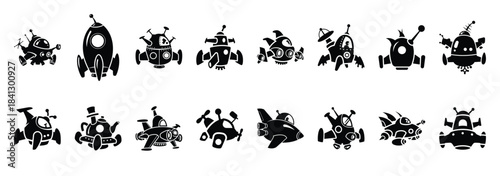 Set of vector silly spaceship  icon in silhouettes