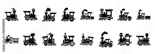 Set of vector silly train  icon in silhouettes