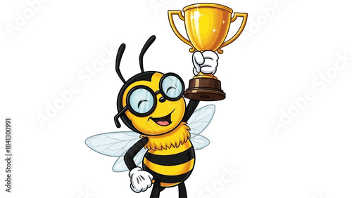 Spelling Bee Champion Cartoon Bee with Trophy and Glasses – Celebrating Success and Achievement