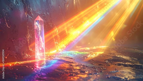 Illuminated crystal shard casts rainbow light beams in a dark cave onto reflective ground