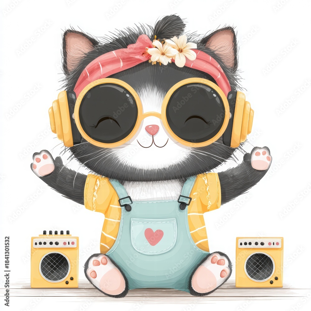 Fototapeta premium Cute Cartoon Cat with Headphones and Colorful Accessories