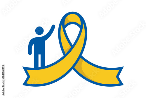 A blue stick figure person with a raised arm standing next to a large yellow awareness ribbon on a white background.