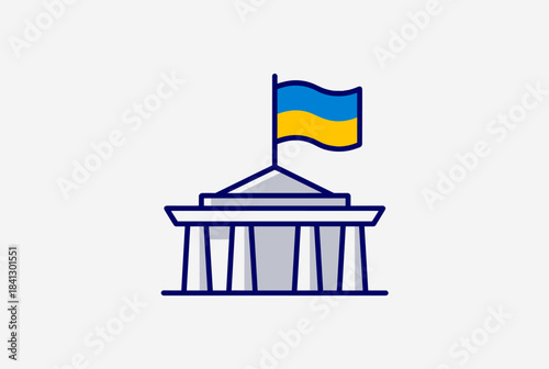A simple line art illustration of a government building with columns and a Ukrainian flag on top, symbolizing state power and sovereignty.