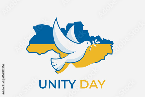 A white dove with an olive branch flying over a map of Ukraine in blue and yellow, with "UNITY DAY" text below.
