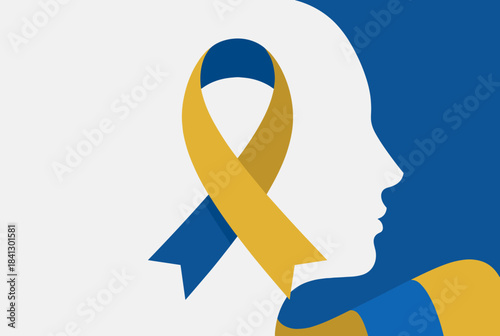 Blue and yellow ribbon symbolizing Down Syndrome awareness placed over a human head silhouette against a split blue and white background.