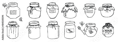 Hand drawn jar of jam and honey clipart. Healthy natural organic product doodle set.
