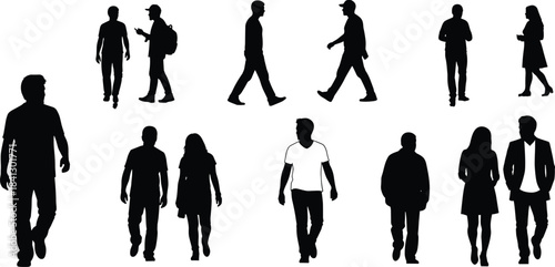 Collection of black silhouettes featuring walking people, talking couples, casual men and women, isolated on white background, vector illustration.
