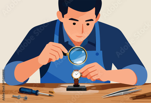 Man with magnifying glass inspects watch on workbench with tools