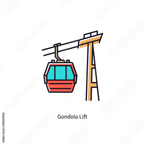 Stylized gondola lift illustration, vibrant hues, modern transportation design