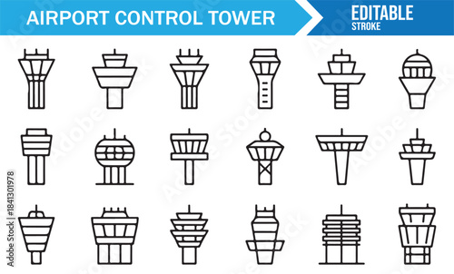 Outline icons of air traffic towers for aviation-focused branding and design use