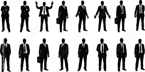 Collection of black silhouettes of businessmen in suits standing and posing, corporate men isolated on white background, vector illustration.