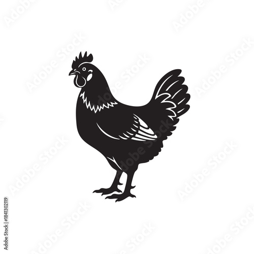 Chicken silhouette vector illustration. Black hen farm animal icon. Poultry logo symbol isolated on white background. Rooster or cockerel side view graphic design.