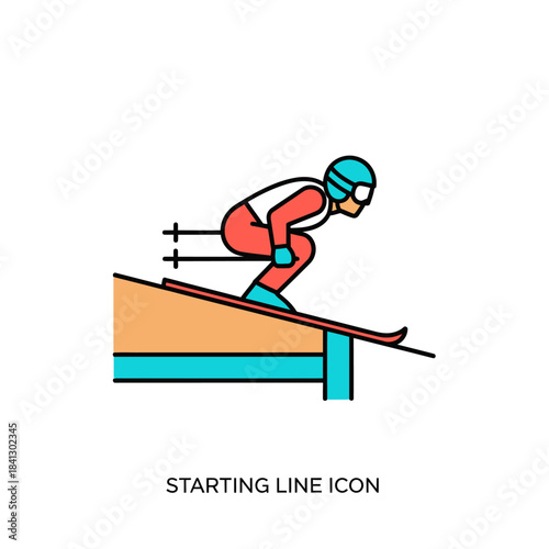 Stylized skier preparing for jump on ramp illustration with vibrant colors