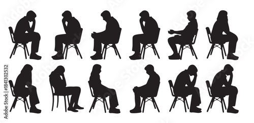 twelve black silhouettes of people sitting in chairs various
