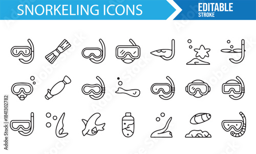 Professional stroke-style icons representing snorkel equipment and marine fun