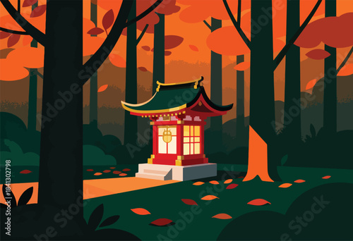 Lantern-lit traditional shrine nestled in a dark, autumnal forest with fallen leaves