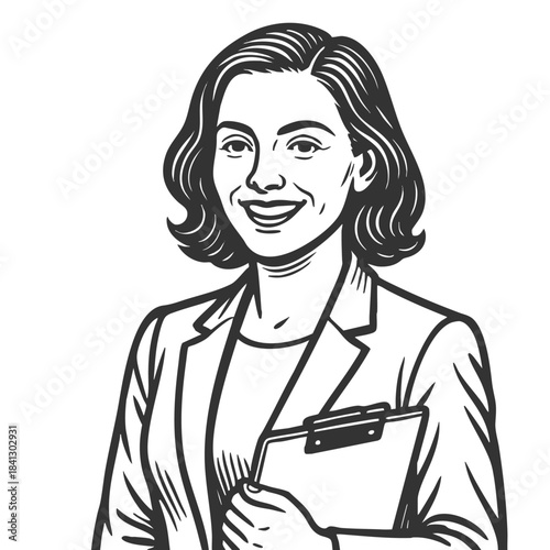 cheerful female recruiter in business attire holding a clipboard, symbolizing hiring and HR work sketch engraving generative ai fictional character vector illustration. Scratch board. Black and white.
