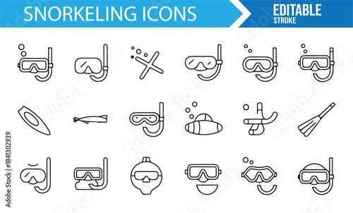 Linear snorkeling illustrations including fish shapes, hands, bubbles, and waves