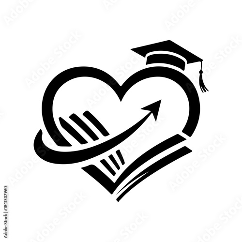 Graduation cap on heart with arrow symbolizing education growth and love for learning success and knowledge acquisition. isolated on transparent background
