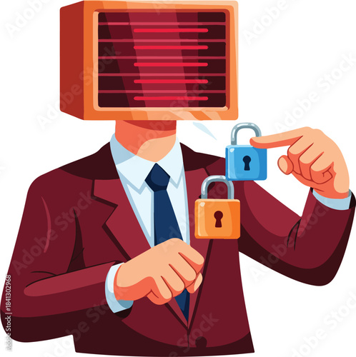Surreal concept of man with monitor head connecting padlocks. Cybersecurity, technology, data protection, digital privacy, encryption concepts, and futuristic design.