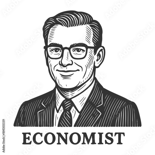 professional male economist wearing a suit and glasses, with ECONOMIST label below sketch engraving generative ai fictional character vector illustration. Scratch board imitation. Black and white.