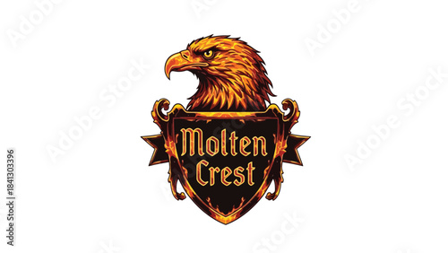 Molten Crest Eagle Mascot Logo. Burning Fire Shield Emblem.