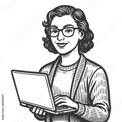 smiling woman with glasses coding on a laptop, ideal for tech, programming, or education themes sketch engraving generative ai fictional character vector illustration. Scratch board. Black and white.