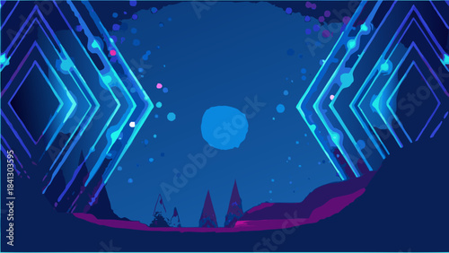 Abstract landscape with diamond shapes and moon against a dark blue and purple background art design