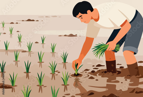 Man planting rice seedlings in a muddy paddy field under a pale sky