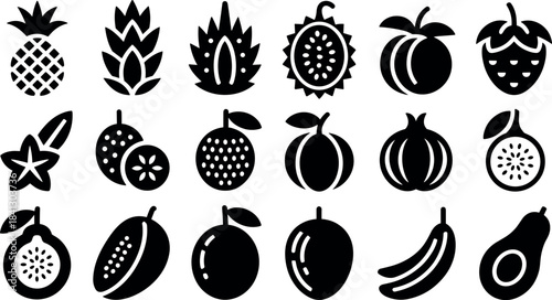 Collection of nineteen black fruit icons and silhouettes on a white background pineapple star fruit