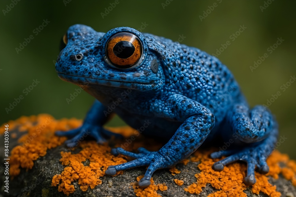Fototapeta premium A vibrant blue frog with orange eyes sits on a mossy rock.