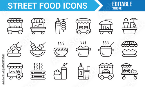 Outline icons of market stalls, portable food stands, and snack items
