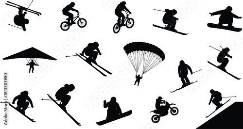 Collection of dynamic extreme sports silhouettes featuring skiing, snowboarding, cycling, motorbiking, parachuting, and hang gliding for action design and illustration projects