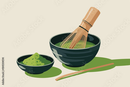 Green tea powder and whisk in bowls, with a wooden stick