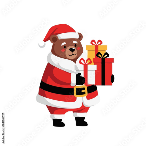 A cute cartoon bear dressed as Santa Claus holding a stack of Christmas presents, isolated on a white background.