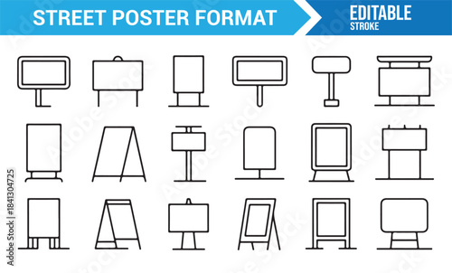 Clean outline icons of billboards, poster stands, and urban advertising structures
