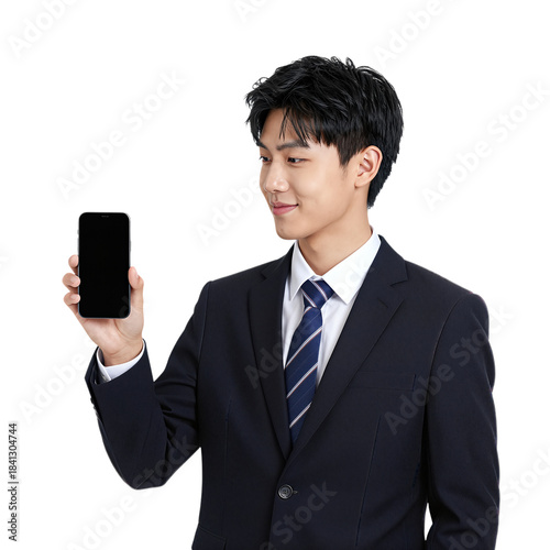 Young Asian businessman in suit holding a smartphone