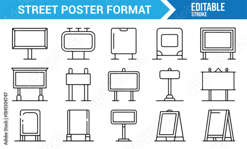 Line-style vector icons of street signboards, poster frames, and public ad formats