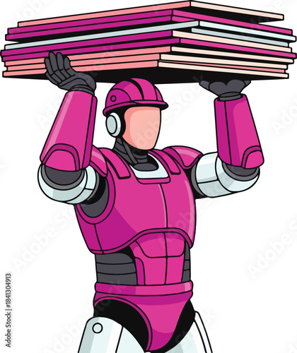 Pink construction robot with stacked pink planks is perfect for kids projects, techthemed designs, construction websites, robotics tutorials.