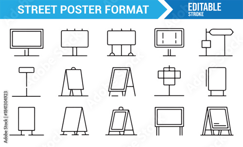 Editable stroke street poster icons featuring billboards, stands, and advertising frames