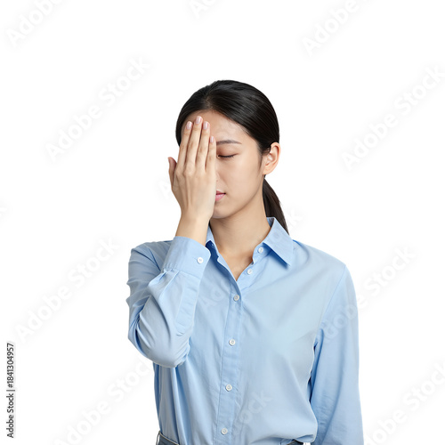 Young Asian woman in a blue shirt holding her head