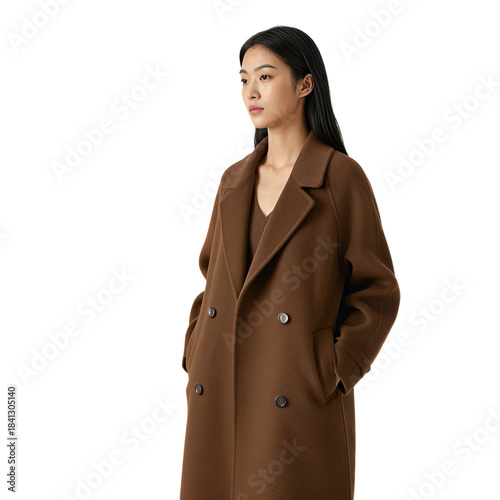 Young Asian woman wearing a brown oversized coat