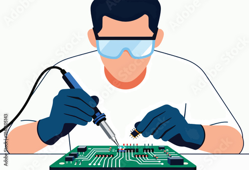 A person in safety glasses and gloves solders a microchip onto a circuit board