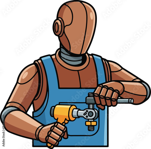 Mannequin in overalls adjusting auto repair tools suitable for mechanic shop posters, websites, and social media content creation.