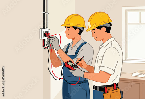 Two electricians in hard hats work on an electrical panel, checking readings