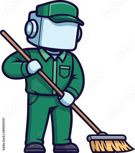 Robot janitor in green holding a broom cleaning, suitable for cleaning services, technology concepts, futuristic design illustrations, and scifi projects.