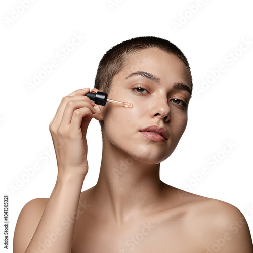 Young woman applying serum with dropper to her face