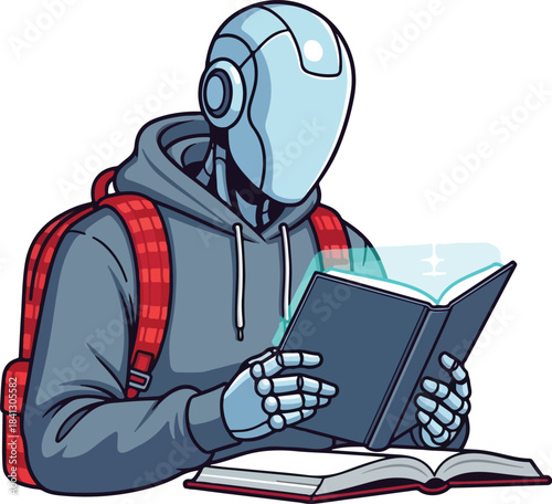 Robot with a backpack reading a book. Suitable for educational, technology, and science fiction concepts in design, marketing, or presentations.